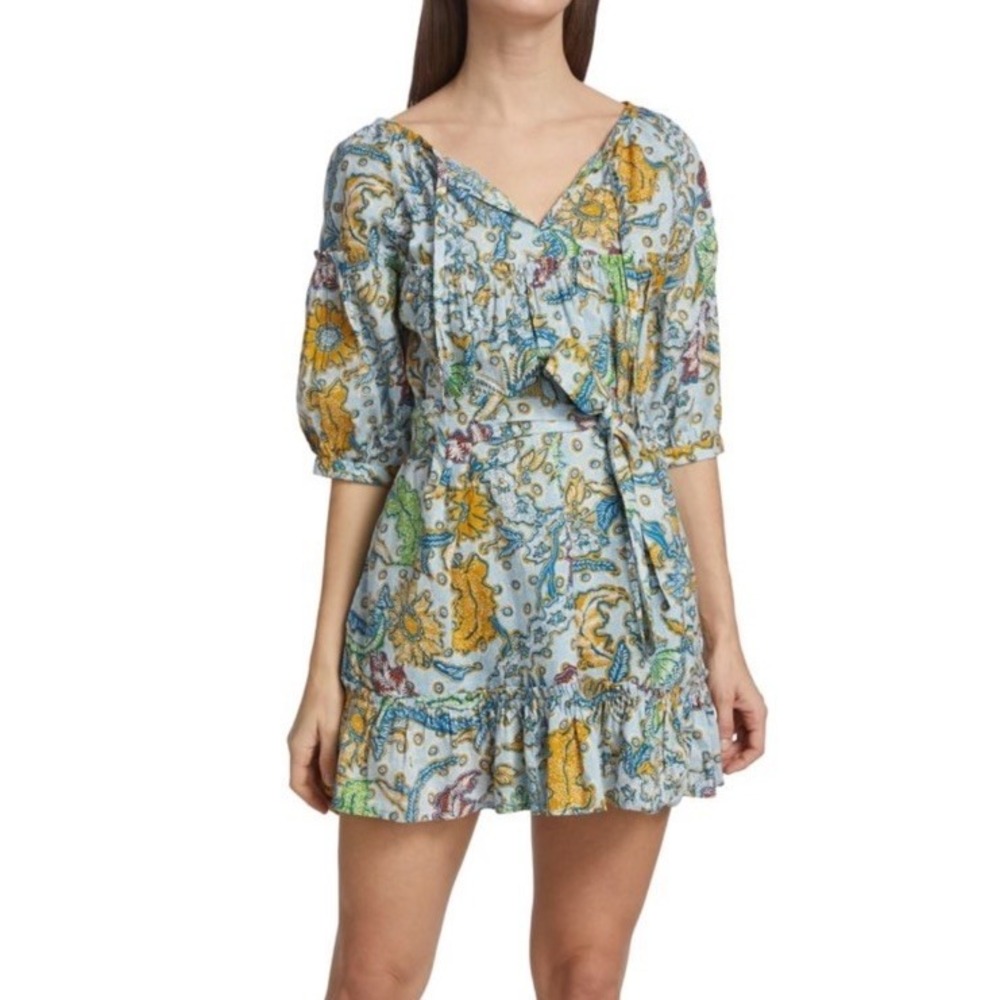 Suzie Kondi Women M Colorful Ruffle Mini Dress Puff Sleeve